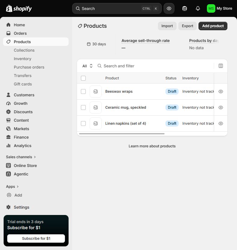 Shopify product list showing the three synthetic sample products with Draft status